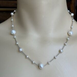 VTG Genuine Cultured Pearls Necklace Chain 15.5" Italy 925 Sterling Silver 7.5g